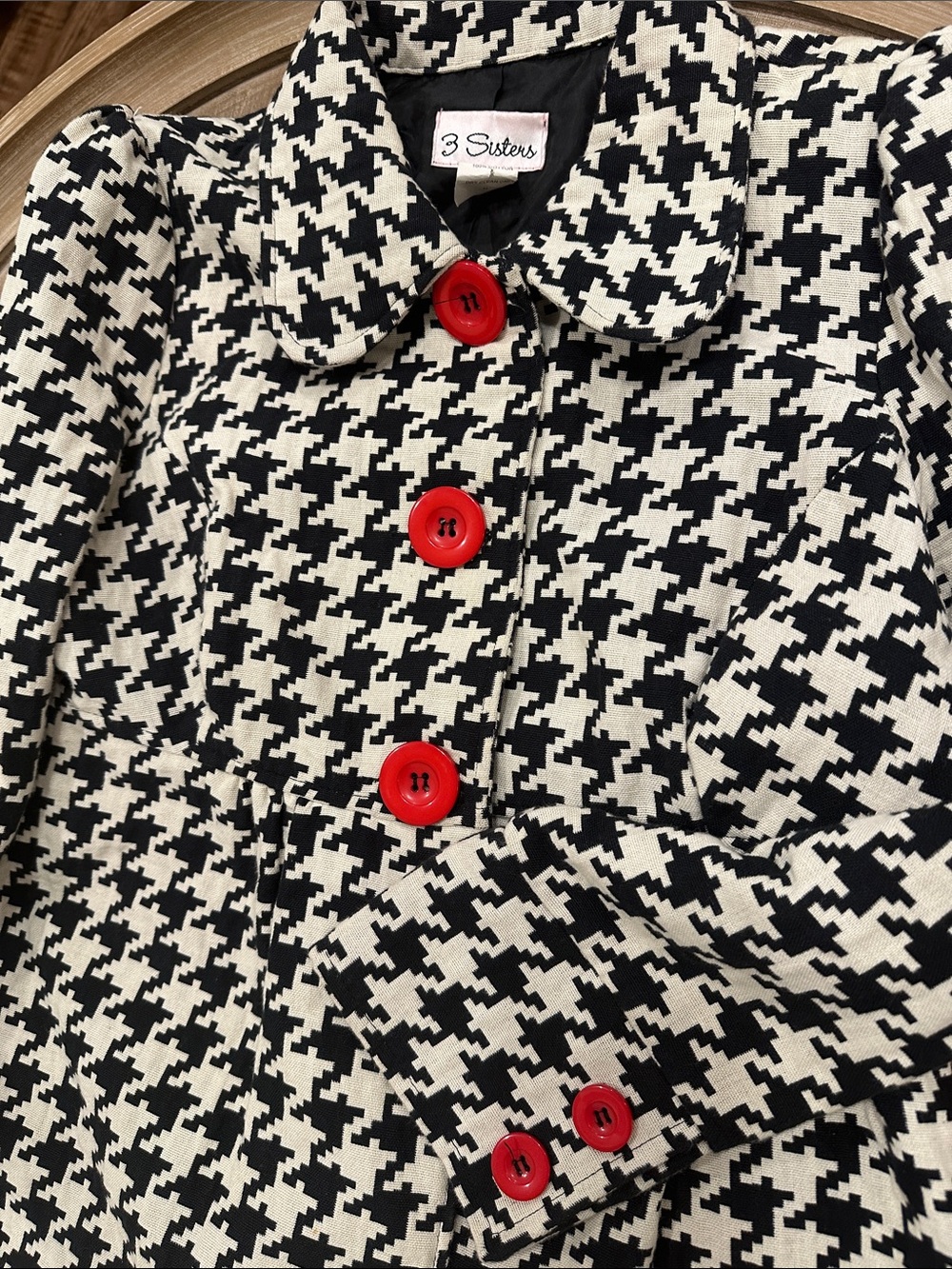 3 Sisters Black & White Houndstooth Pea Coat with Red Buttons